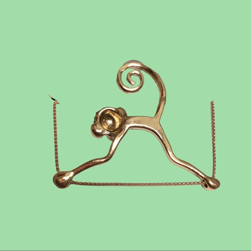 🐒 BETSEY JOHNSON | Pave Monkey Acrobat On Bar Pendant Necklace Gold Tone Chain - Picture 7 of 11